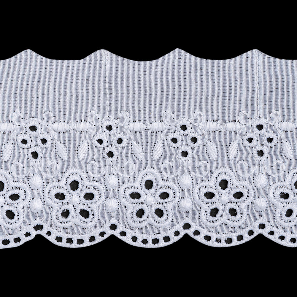 Cotton and Polyester Embroidered Eyelet Lace Trim with One Finished Scalloped Edge - 2.75