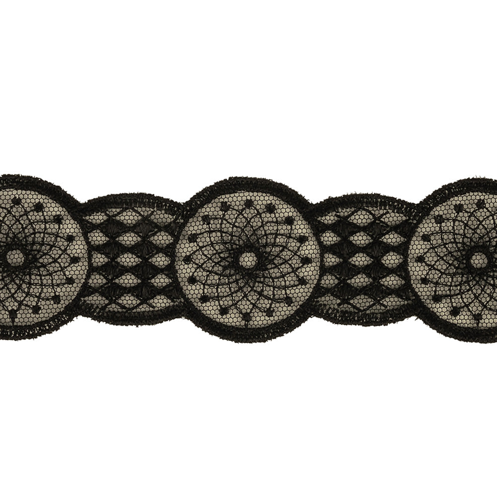 Black Medallion Embroidered Lace Trim - 1.5