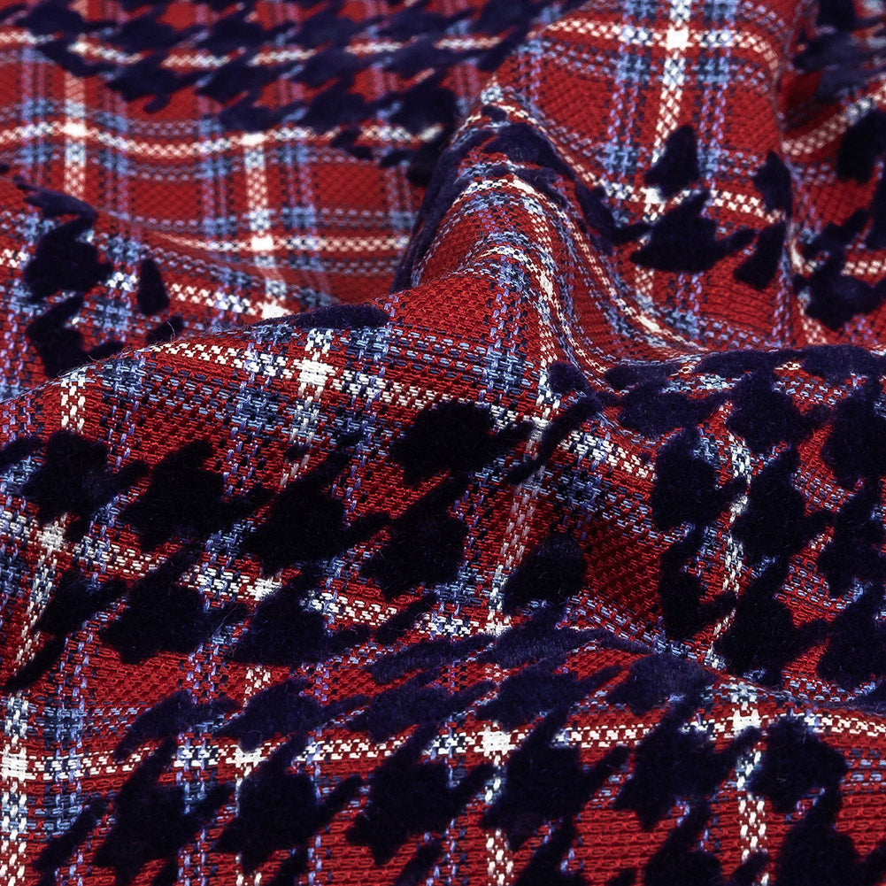 Navy, Red and White Negative Space Florals in Flocked Houndstooth on Plaid Rustic Cotton and Polyester Woven - Joann Fabrics
