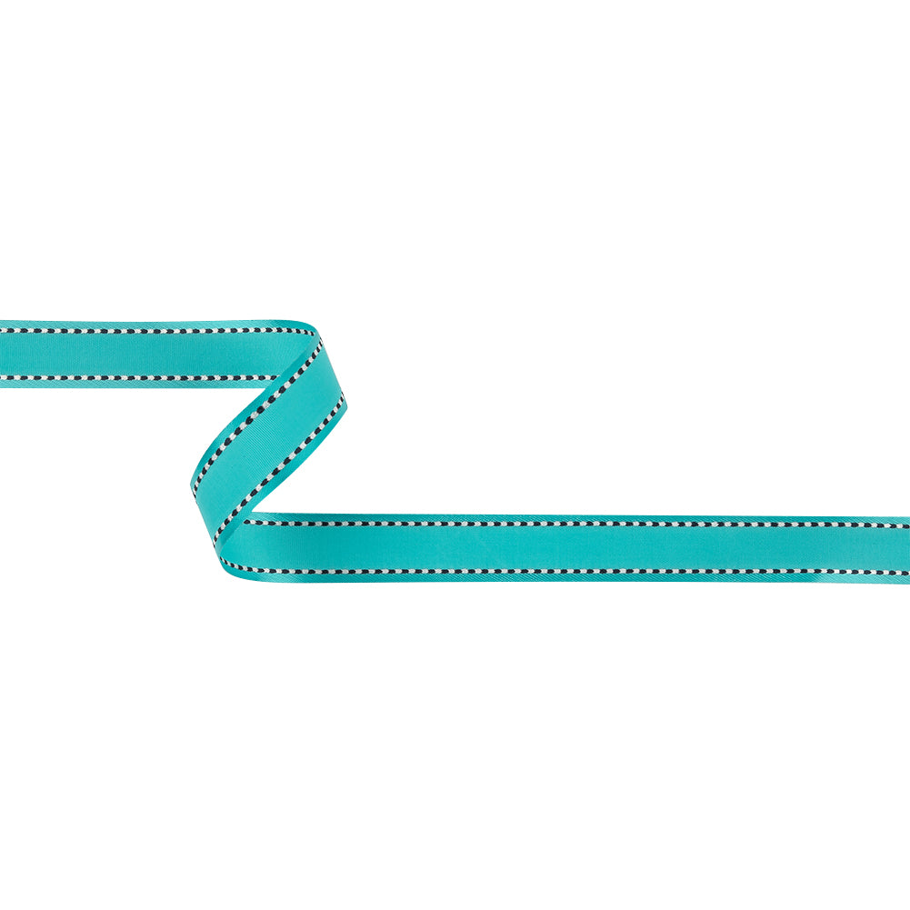 Turquoise Woven Ribbon with Navy and White Stitched Border - 0.625
