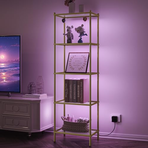 Smartwater Led Bookcase Rack Bookcase Bookshelf with LED Lighting, Tempered Glass Bookshelves, 8 ...