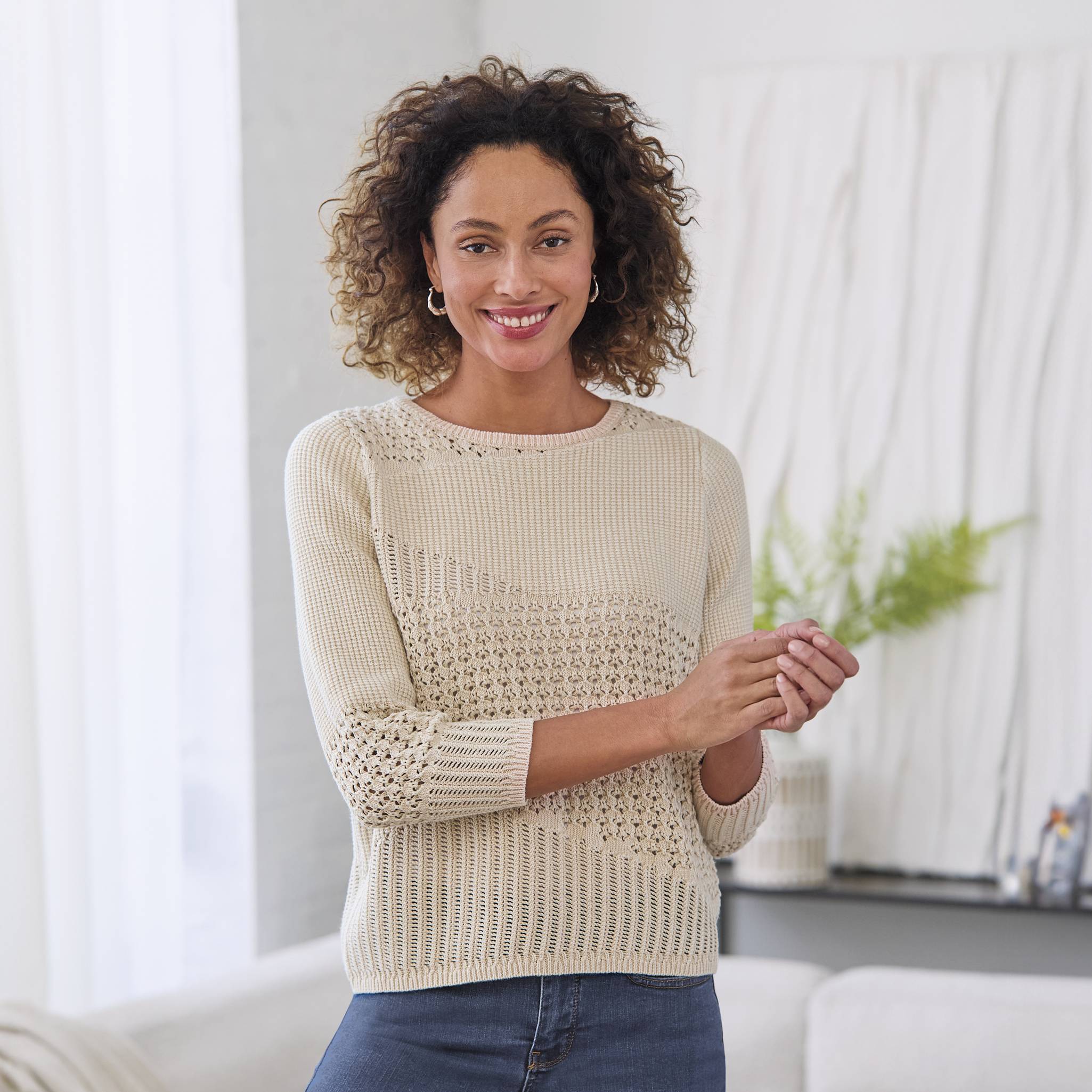 Tribal® Textured Cotton Crewneck Sweater, Mixed-Stitch, 3/4 Sleeves - Northstyle Catalog