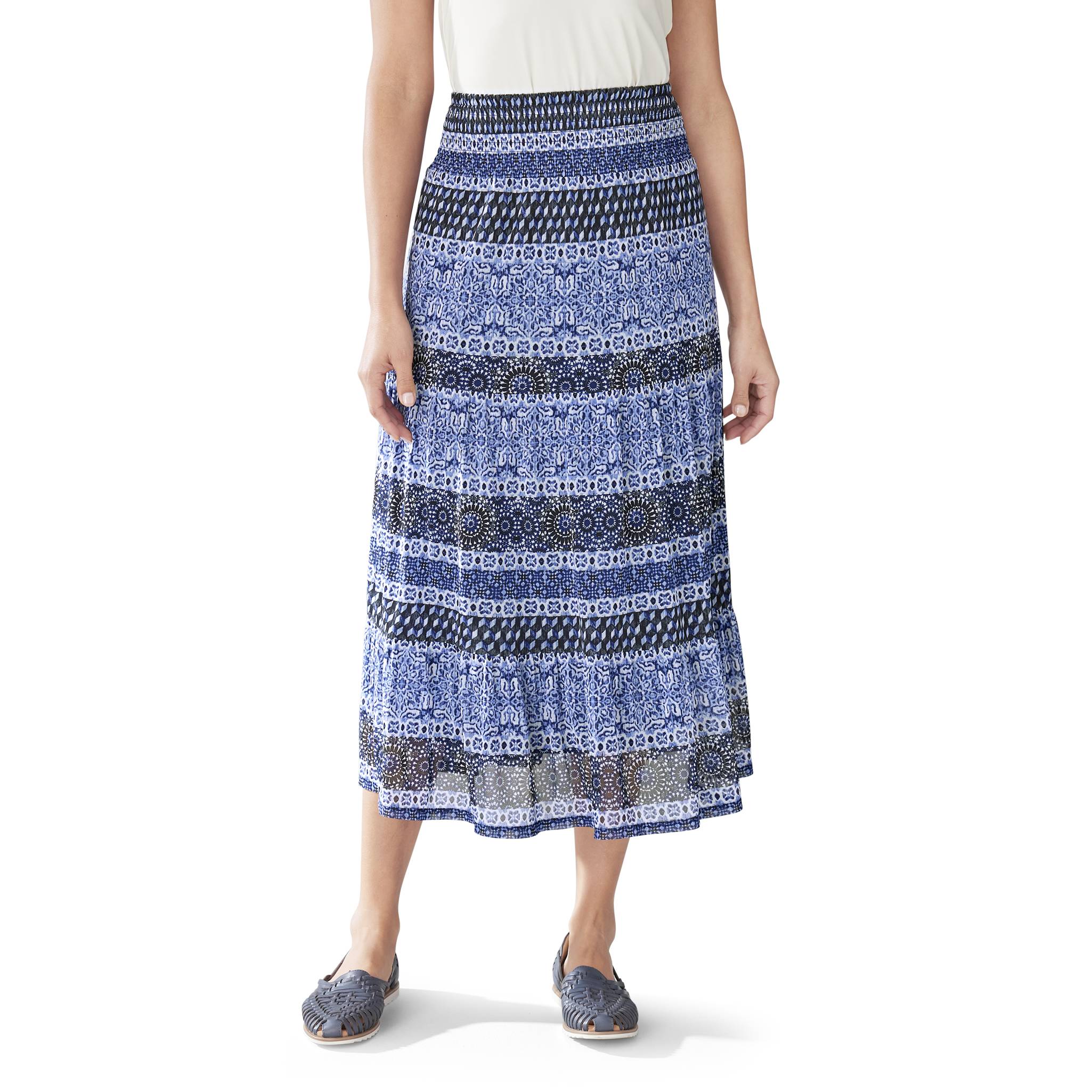 Printed Tiered Mesh Skirt, Smocked Pull-On Waist, Lined - Northstyle Catalog