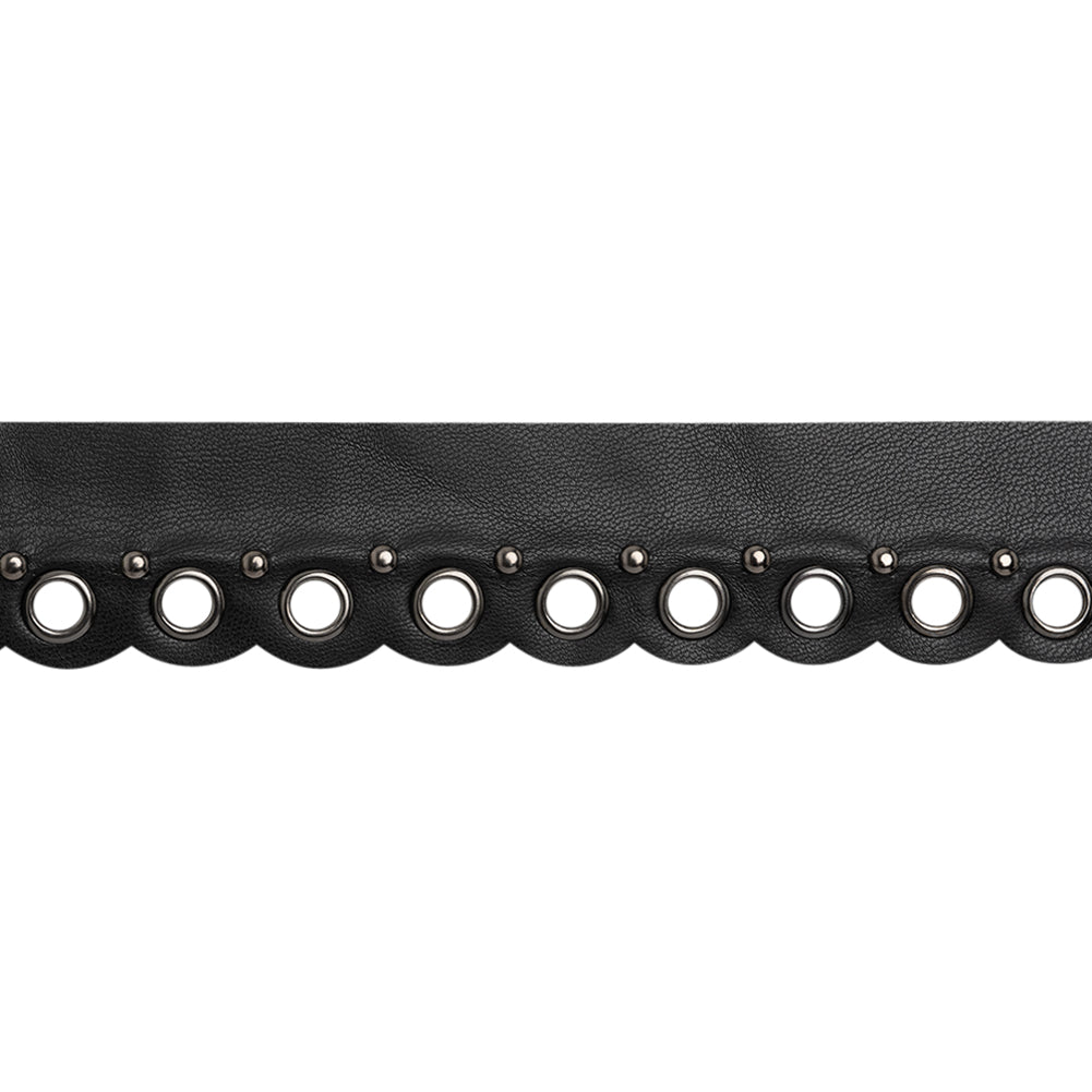 Yaya Han Scalloped Faux Leather Trim with Grommets and Studs - Black and Silver, 1.25