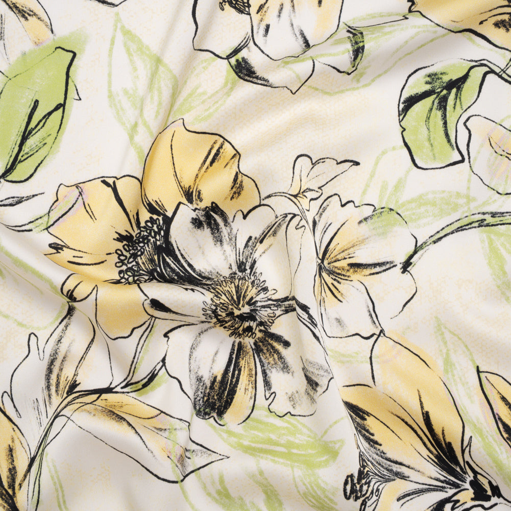 Polyester Satin - Pale Yellow, Sage Green and Black Sketched Florals - Mood Exclusive A Study of Spring Print - Joann Fabrics