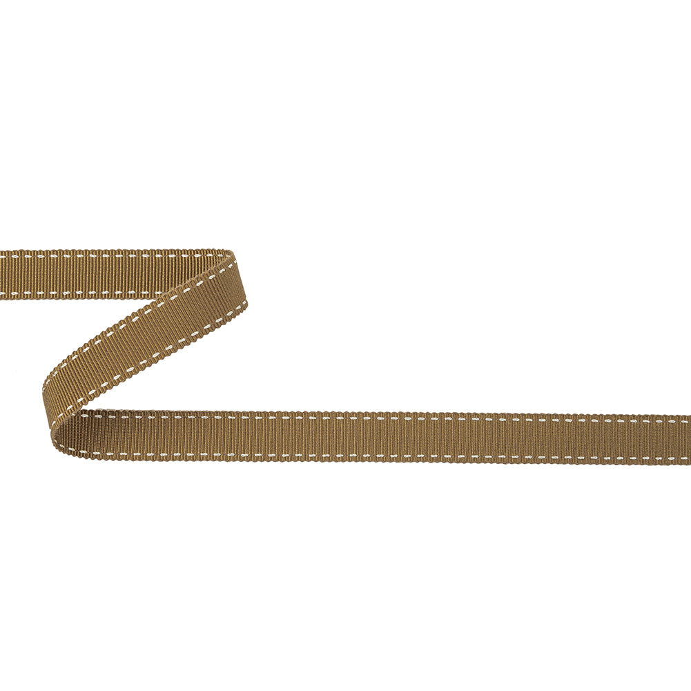 Chai Tea and White Stitched Grosgrain Ribbon - 0.6