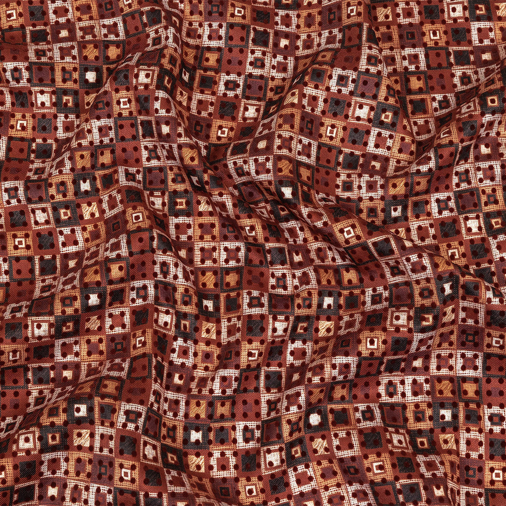 Burgundy Flocked Polka Dots on Russet Brown, Yellow and Black Bean Squares Stretch Cotton Twill - Joann Fabrics