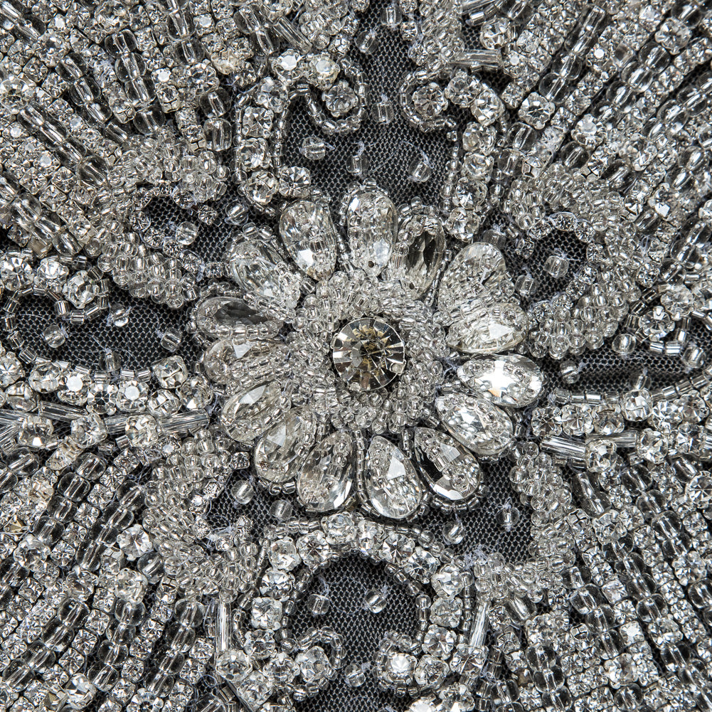 Fancy Silver Beaded Rhinestone Panel on a Nude Mesh - 37.5