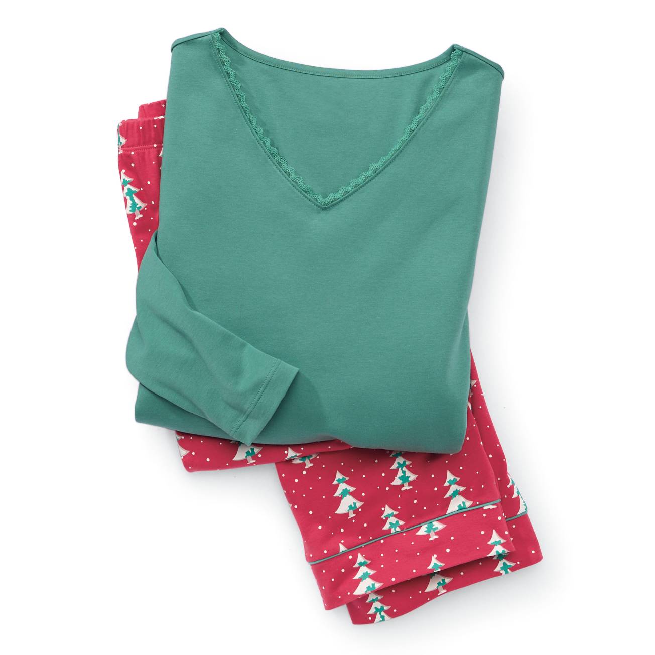 Peruvian Cotton Knit Tree Farm Pajama Set, Piping, Lace - Northstyle Catalog