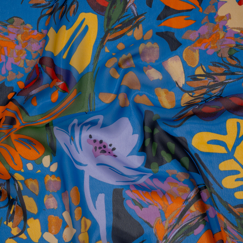 Polyester Chiffon Print - Bright Blue, Orange and Yellow Floral - Designer Deadstock - Joann Fabrics