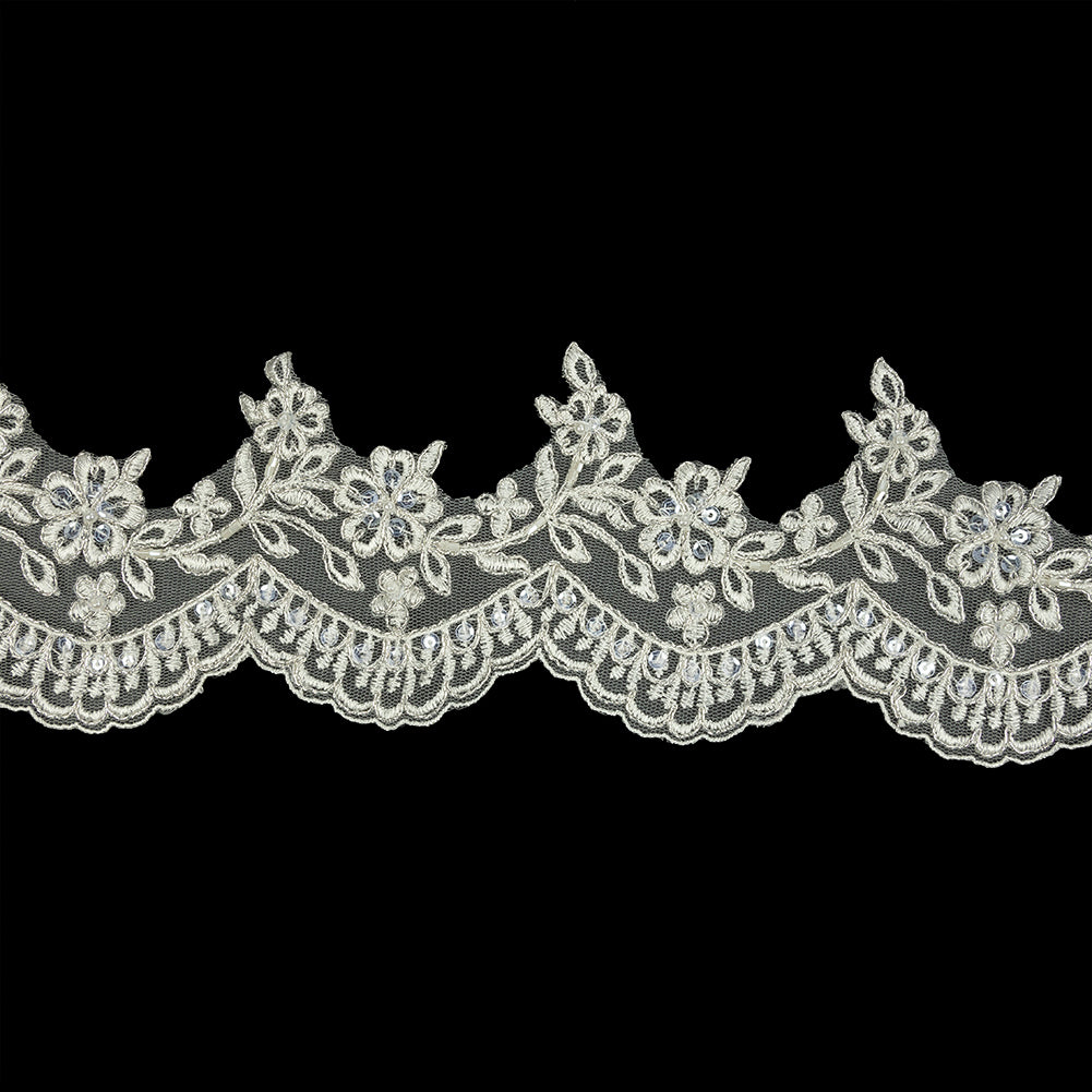 Off White and Metallic Silver Floral and Scalloped Edge Corded Bridal Lace Trim with Sequins and Faux Pearl Beads - 3.5
