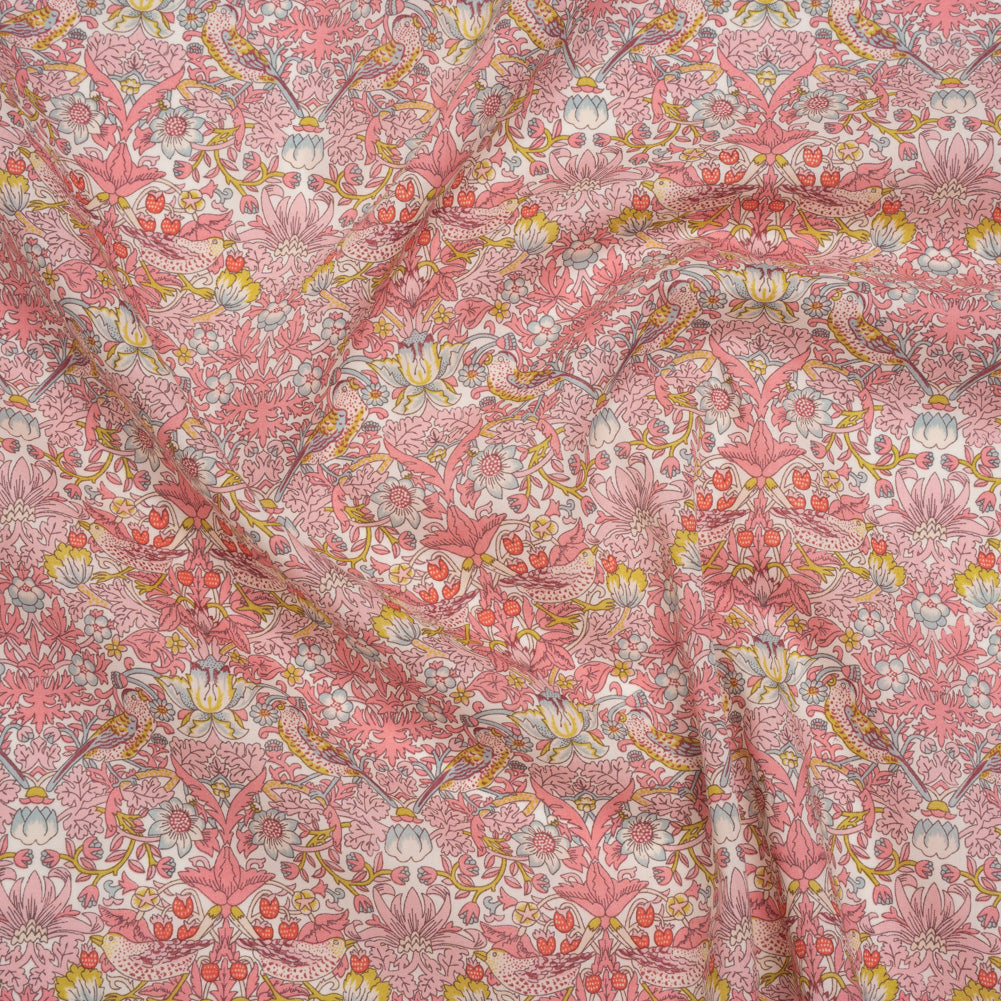 Liberty Fabrics Tana Lawn® - Strawberry Thief Spring Light Pink - Baby Pink, Golden Yellow and Pale Blue Birds, Berries and Flowers - Joann Fabrics