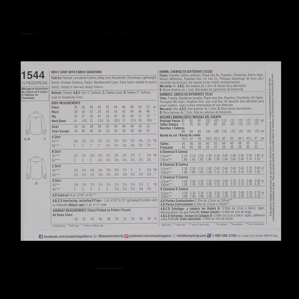 Simplicity Men's Shirt Pattern 1544 Size AA - Joann Fabrics
