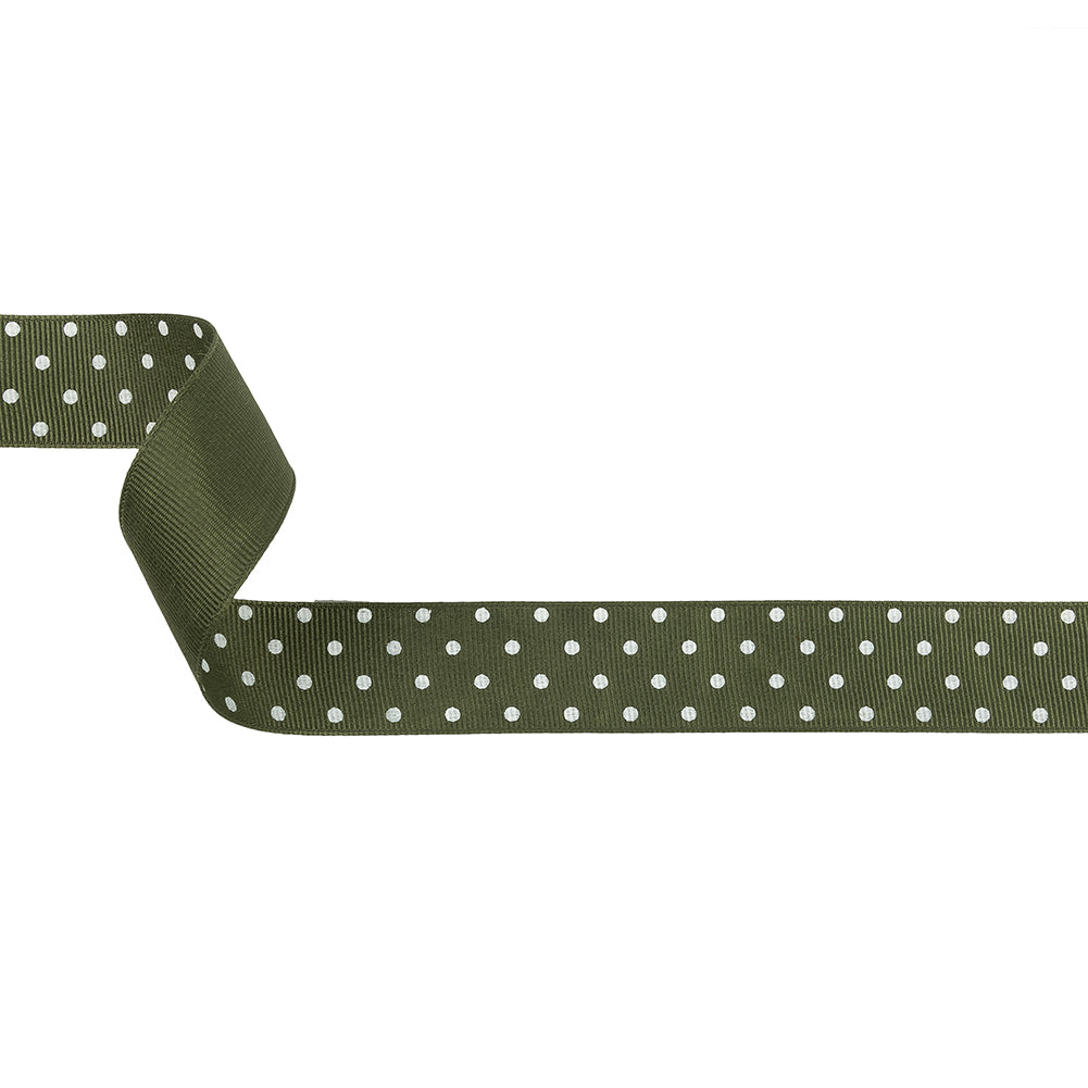 Pesto and White Polka Dots Grosgrain Ribbon - 1
