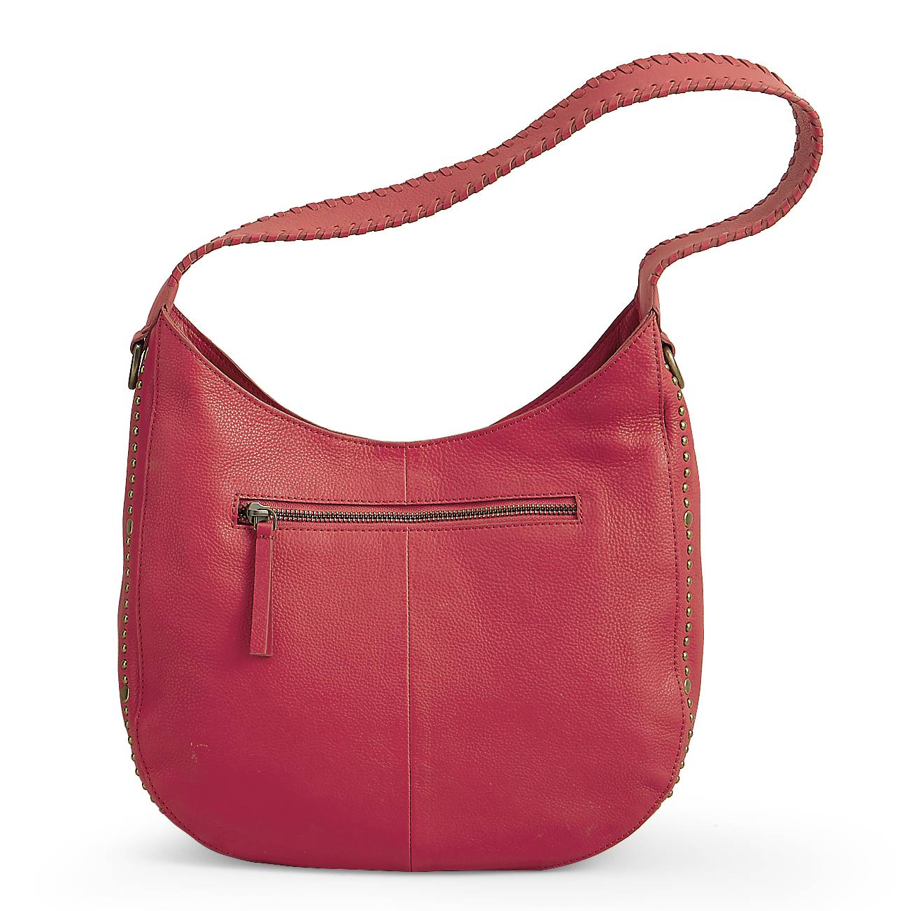 Studded Red Leather Shoulder Bag, Back Zip Pocket, Laced-Edge Strap - Northstyle Catalog
