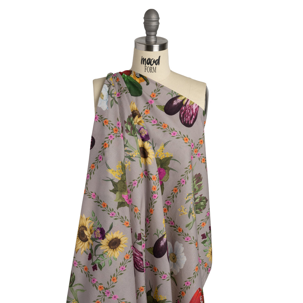 Cotton Voile Print - Beige, Yellow and Purple Floral and Vegetable Grid - Mood Exclusive Sunday with Nonna - Joann Fabrics