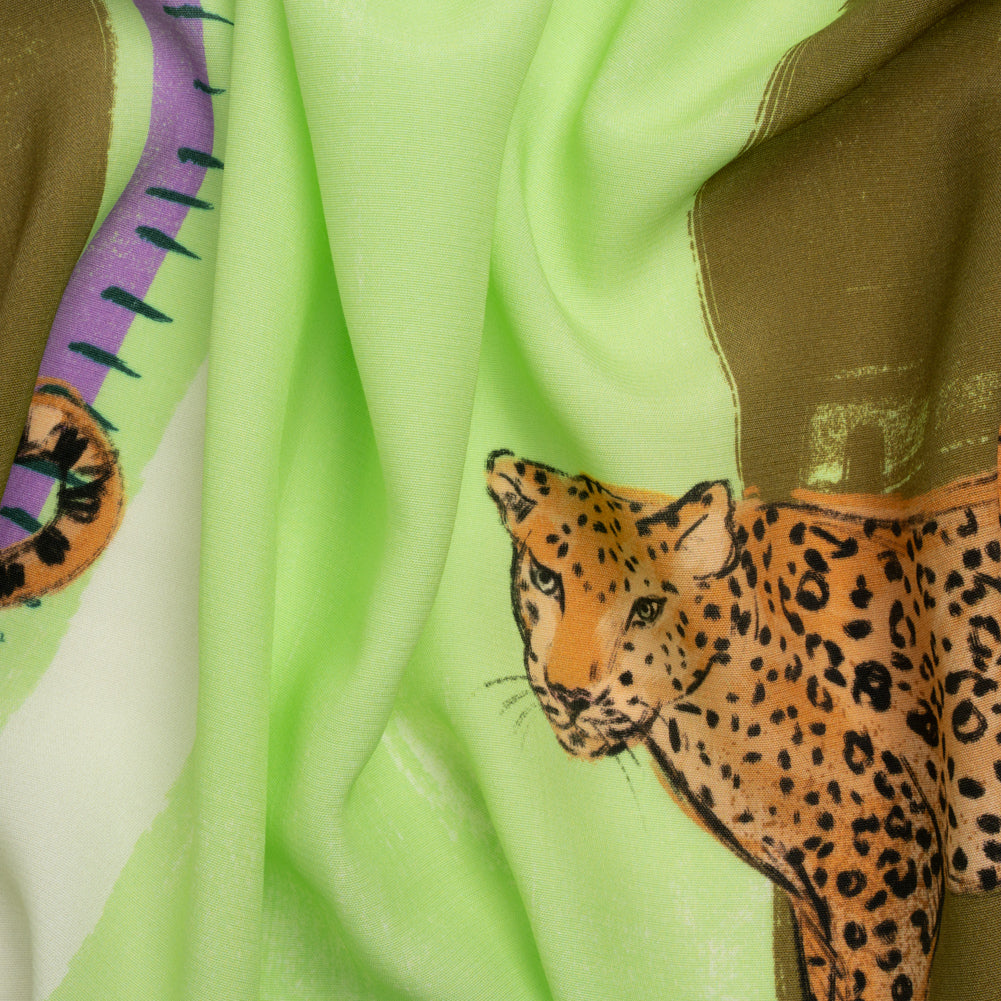 Sustainable Viscose Woven Panel - Lime and Brown Jaguar in Squares - Mood Exclusive Jaguar Gaze - Joann Fabrics