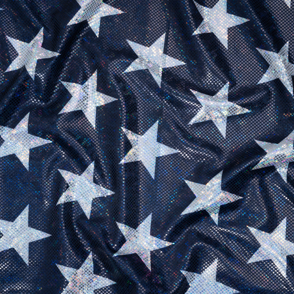 Yaya Han Stretch Spandex Polyester Jersey Print with Holographic Foiling - Navy and Silver Stars - Cosplay Collection - Joann Fabrics