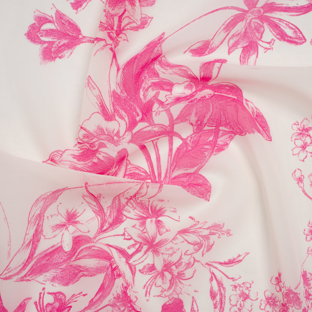 Polyester Chiffon Print - Hot Pink and Ivory Pastoral Floral - Designer Deadstock - Joann Fabrics