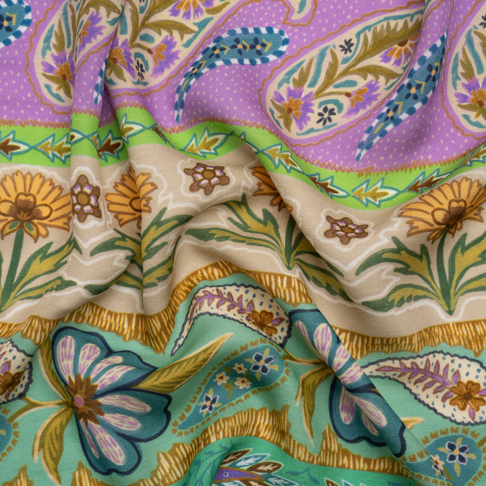 Viscose and Linen Twill Print - Purple and Green Paisley and Floral Stripes - Mood Exclusive Botanical Bliss - Joann Fabrics