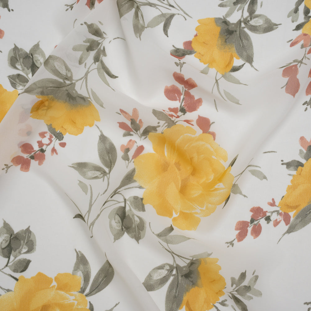 Polyester Chiffon Print - Yellow, Brick Red and White Floral - Designer Deadstock - Joann Fabrics