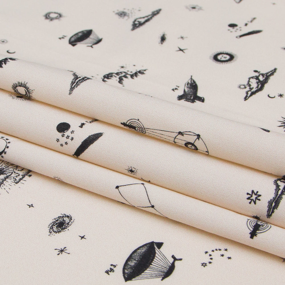 Stretch Cotton Sateen - White Flying Machines and Outer Space - Future That Awaits Us Print - Mood Exclusive Crow Collection - Joann Fabrics