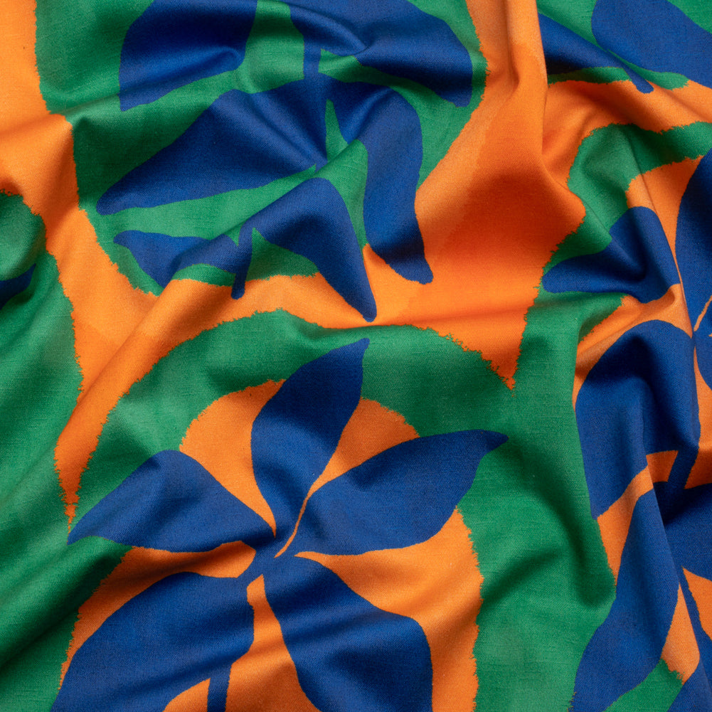 Stretch Cotton Sateen - Orange, Blue and Green Leaves - Mediterranean Mingle Print - Mood Exclusive Marigold Collection - Joann Fabrics