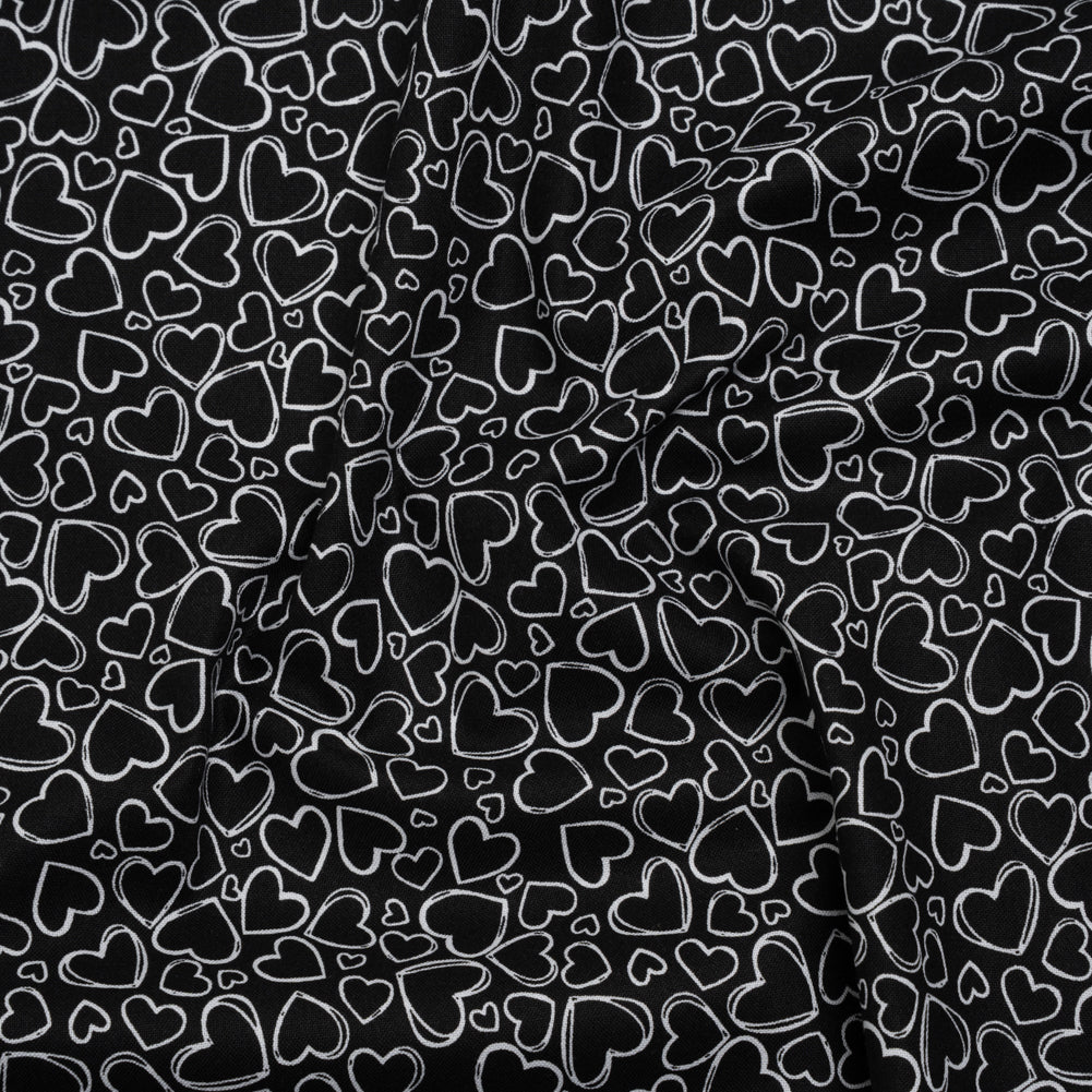 Printed Quilting Cotton by Patrick Lose for Northcott - White on Black Doodle Hearts - Basically Black & White Collection - Joann Fabrics
