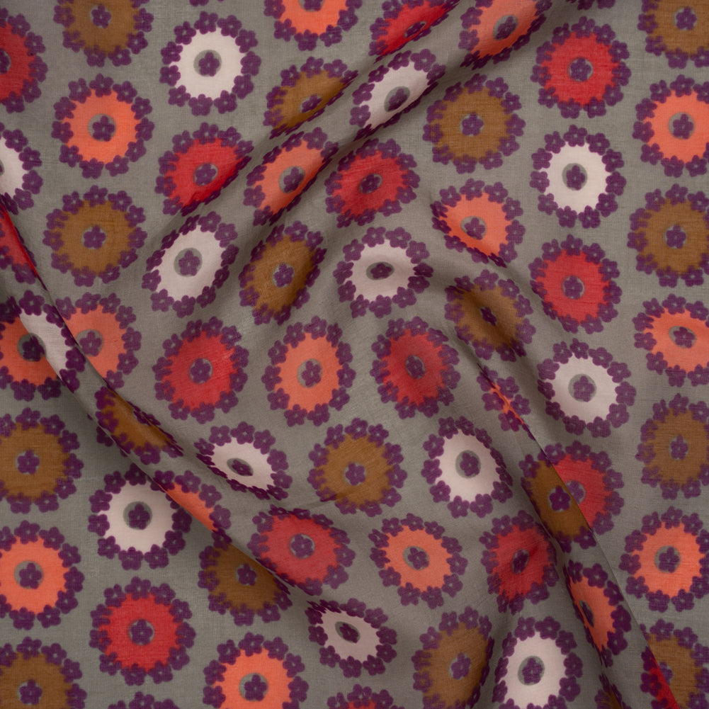 Silk and Cotton Voile Print - Gray, Purple and Pink Flower Medallions - Deadstock - Joann Fabrics