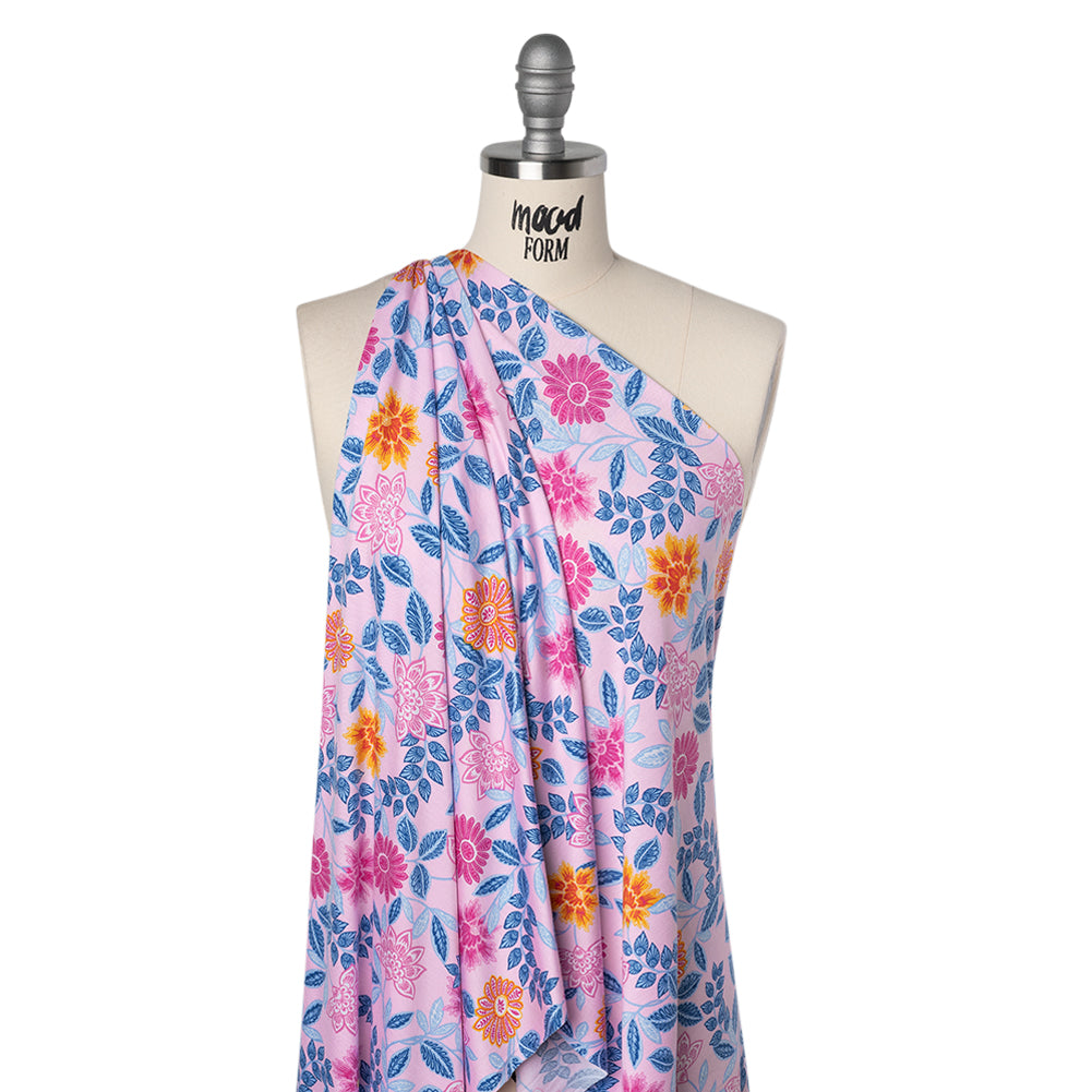 Stretch Rayon Jersey - Pink, Blue and Golden Yellow Paisley Floral - Deadstock - Joann Fabrics