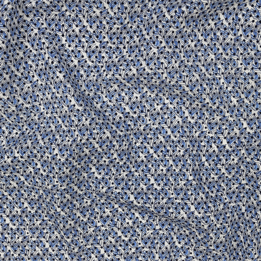 Black Flocked Polka Dots on Blue and White Leaves Stretch Cotton Shirting - Joann Fabrics