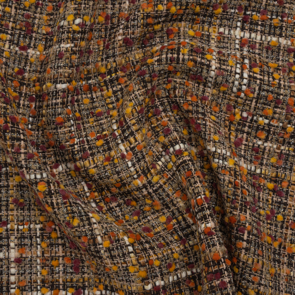 Polyester Tweed with Mini Pom Poms - Dark Brown, Yellow Ochre and Burgundy Tweed - Joann Fabrics