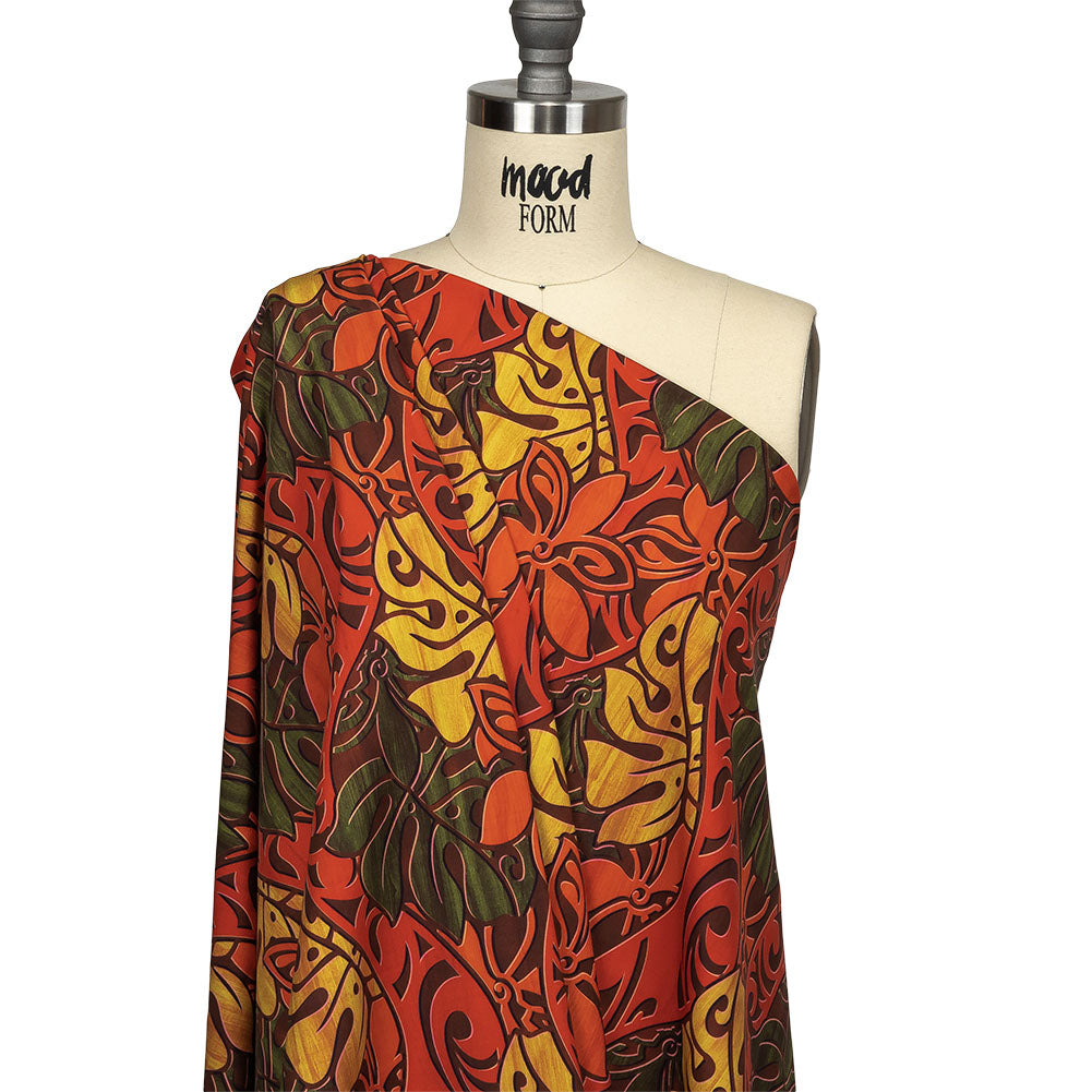 Red, Orange and Olive Green Art Nouveau Leaves UV Protective Compression Swimwear Tricot with Aloe Vera Microcapsules - Joann Fabrics