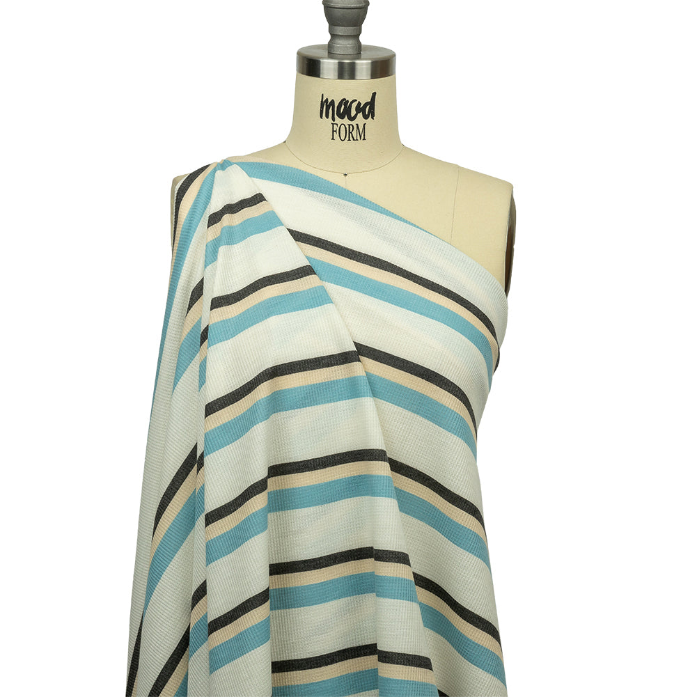 Black, Blue and Cream Striped Polyester and Rayon Waffle Knit - Joann Fabrics