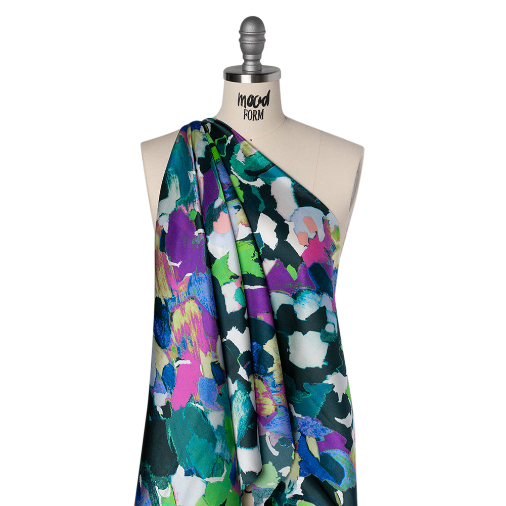 Silk Charmeuse Print 16MM, Made in Italy - Dark Teal, Lime Green and Purple Painterly Abstract - Joann Fabrics