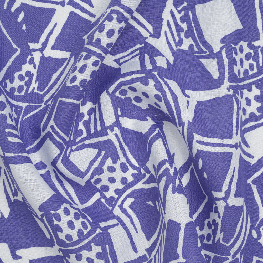 Medium Weight Linen Woven Print - Country Blue and White Abstract Blocks and Spots - Joann Fabrics