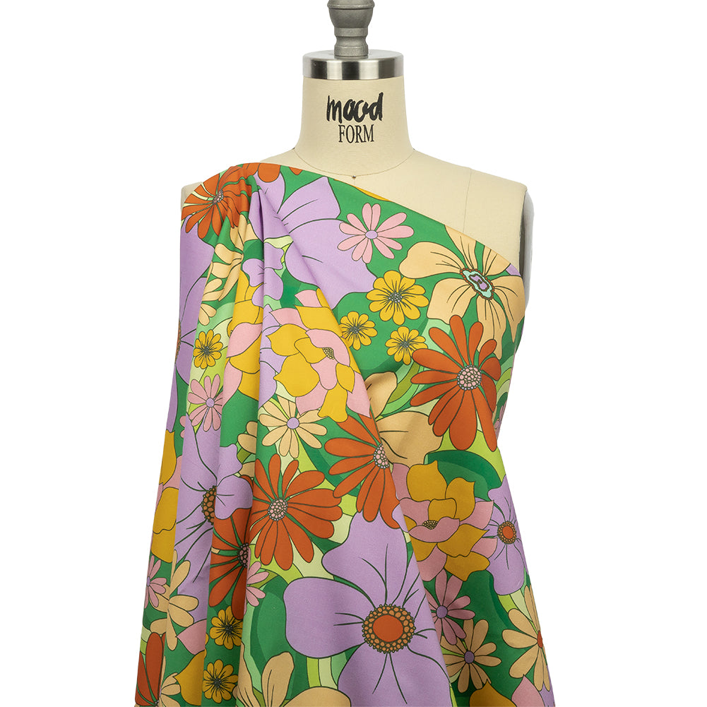 Stretch Cotton Sateen - Green, Purple and Orange Floral - Fanciful Flourish Print - Mood Exclusive Groove Collection - Joann Fabrics