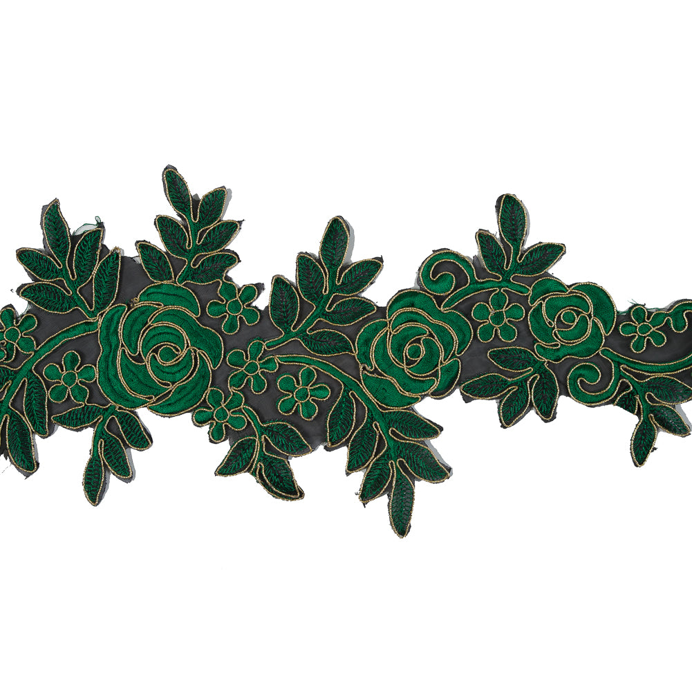 Metallic Gold and Emerald Re-Embroidered Floral Organza Trim - 6