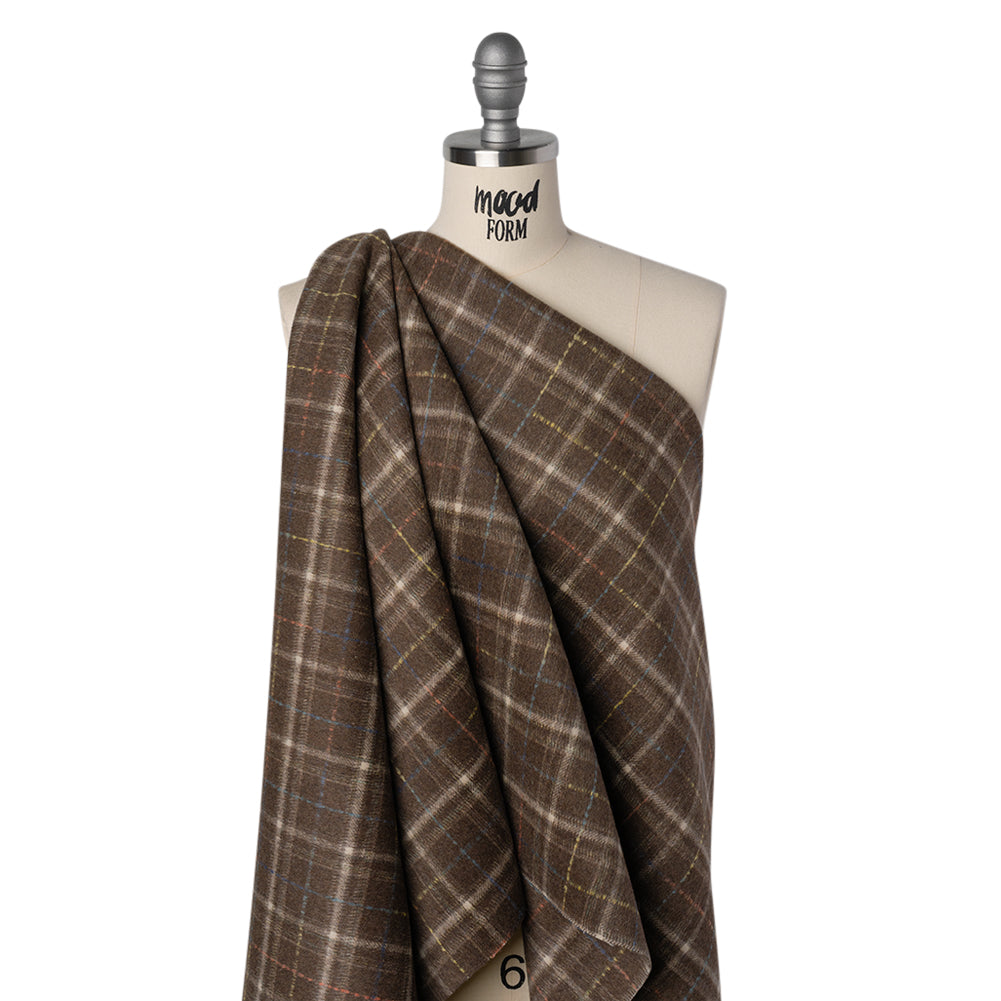 Brushed Wool Double Cloth Coating - Brown, Cream and Blue Plaid - Deadstock - Joann Fabrics