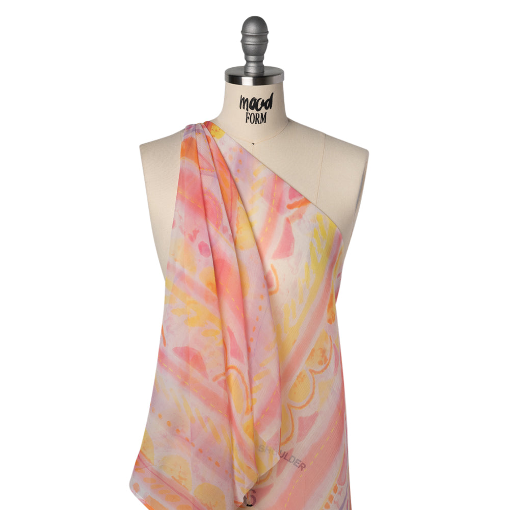 Crinkled Silk Chiffon Print - Pink, Pale Purple and Yellow Painterly Geometric Stripes - Deadstock - Joann Fabrics