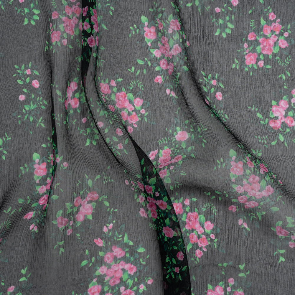 Crinkled Silk Chiffon Print Made in Italy - Black, Green and Pink Flower Bunches - Deadstock - Joann Fabrics
