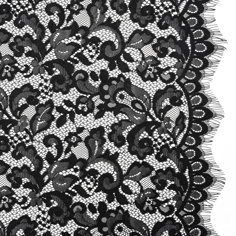 Nylon and Rayon Raschel Lace Panel with Finished Edges - Black Florals and Curls - Joann Fabrics