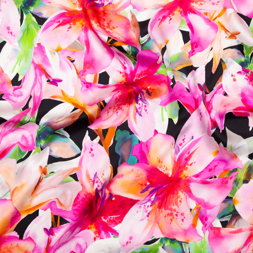 Mood Exclusive Italian Pink and Black Watercolor Floral Digitally Printed Silk Charmeuse - Joann Fabrics