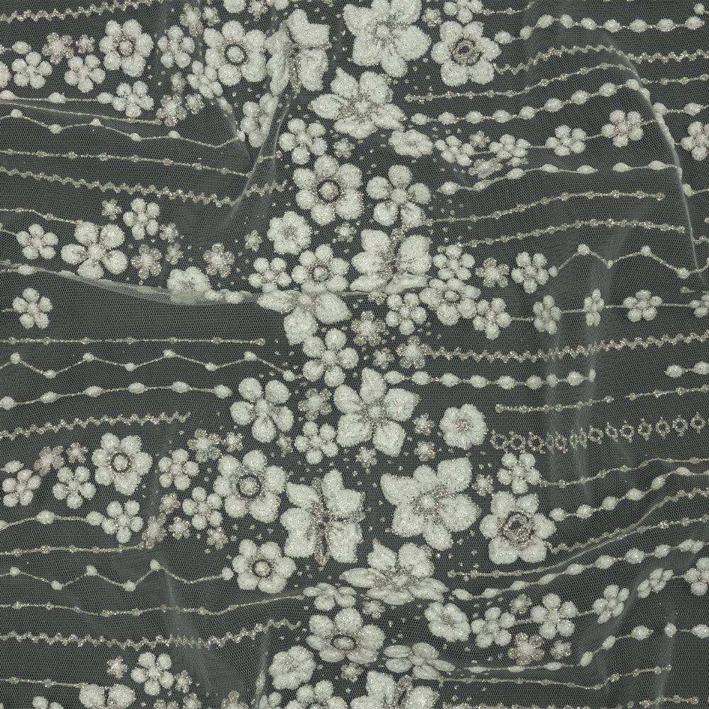 3D Puffy Glitter Tulle - White and Silver Dotted Stripes and Floral Border - Joann Fabrics