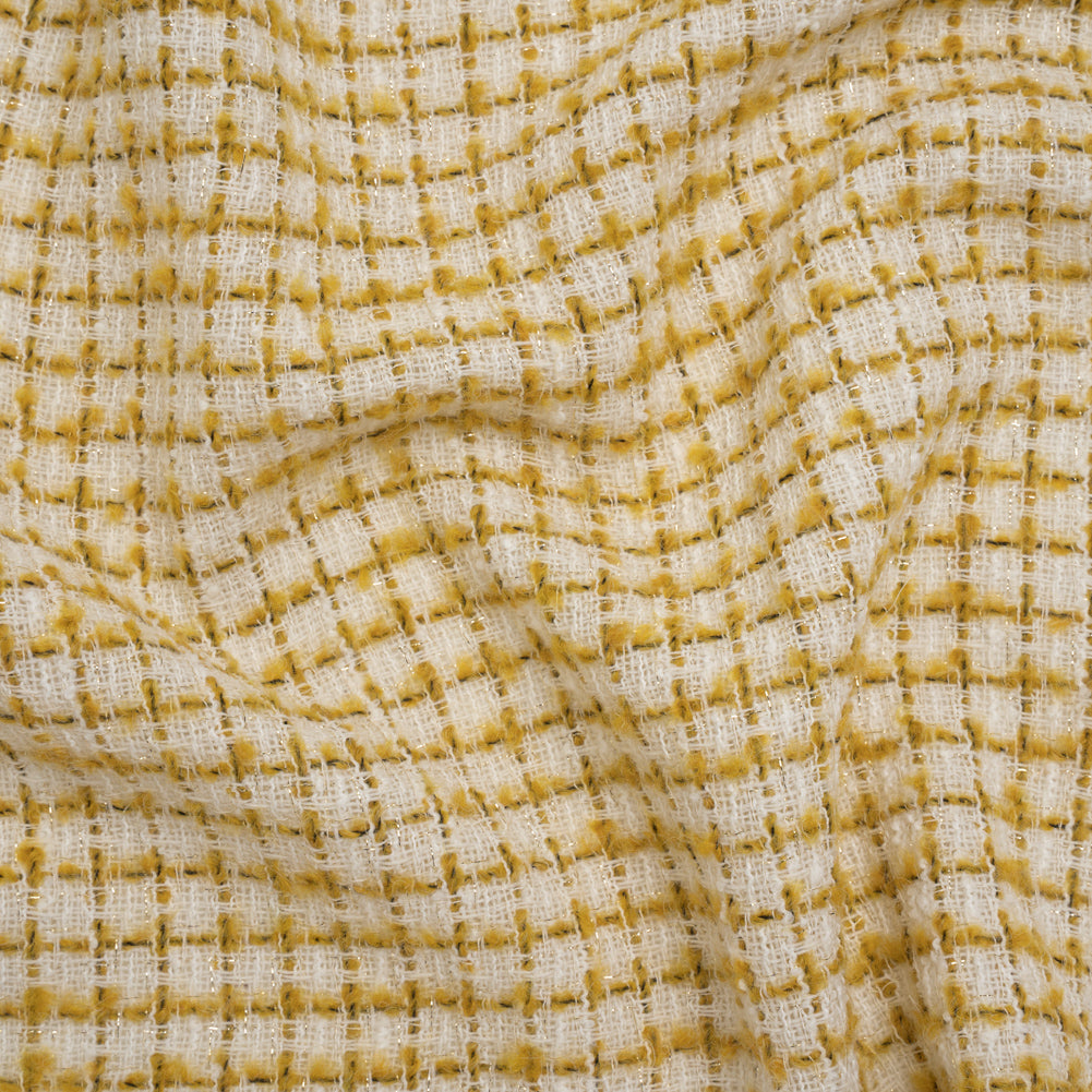 Metallic Wool Blend Tweed Boucle Made in Italy - White, Sunflower Yellow and Gold Checks - Deadstock - Joann Fabrics
