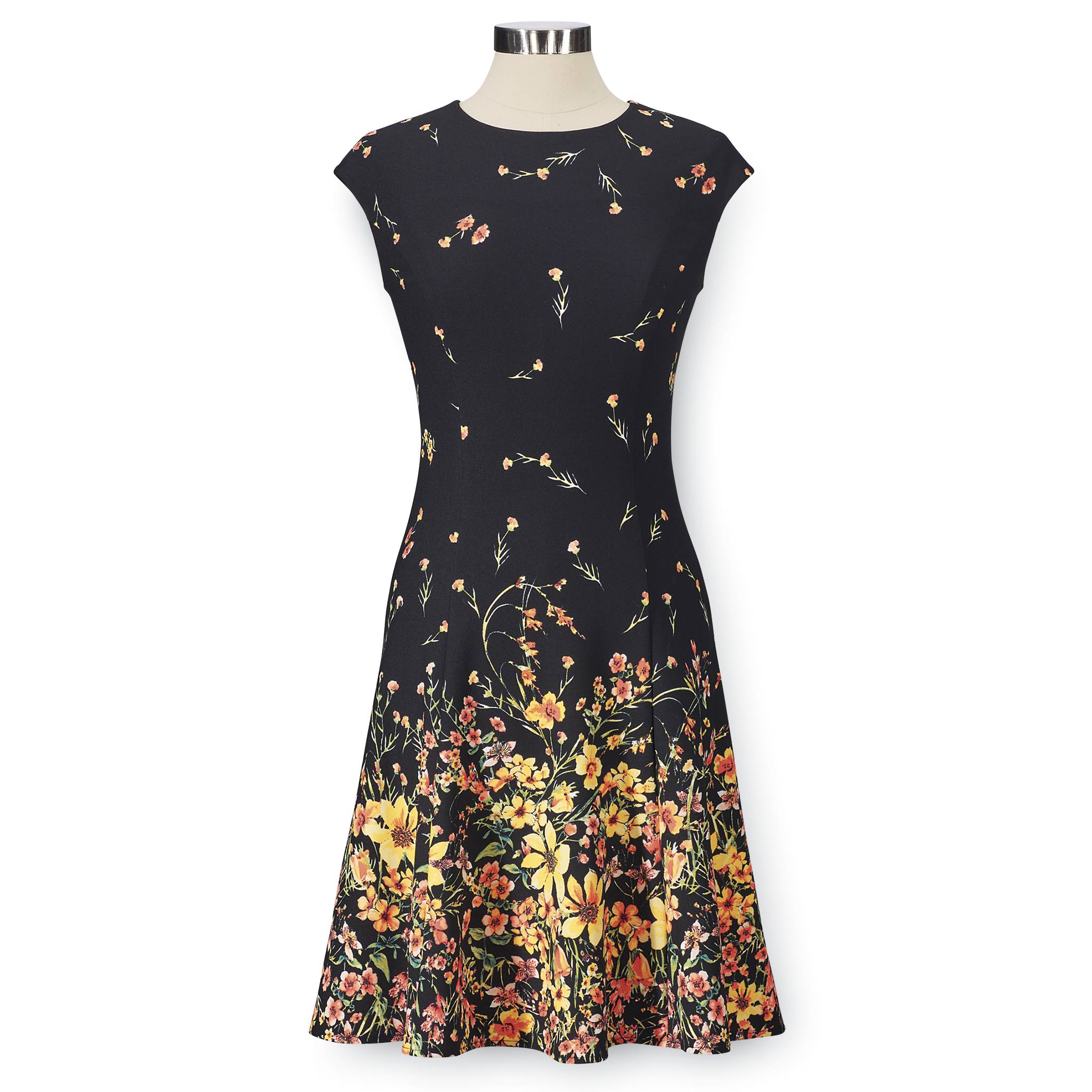 Tossed Floral Dress, Round Neck, Extended Shoulders, Back Zip - Northstyle Catalog