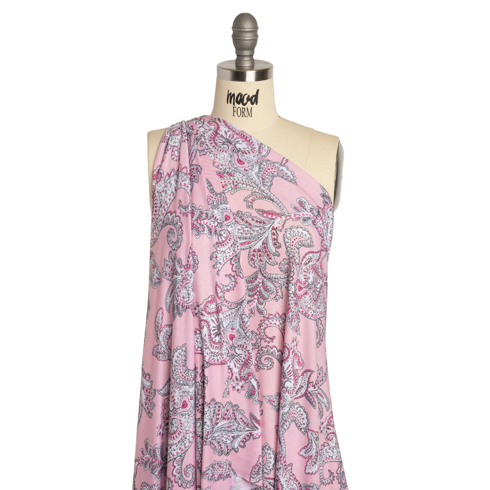 Stretch Rayon Jersey - Pink and Gray Jacobean Floral - Deadstock - Joann Fabrics