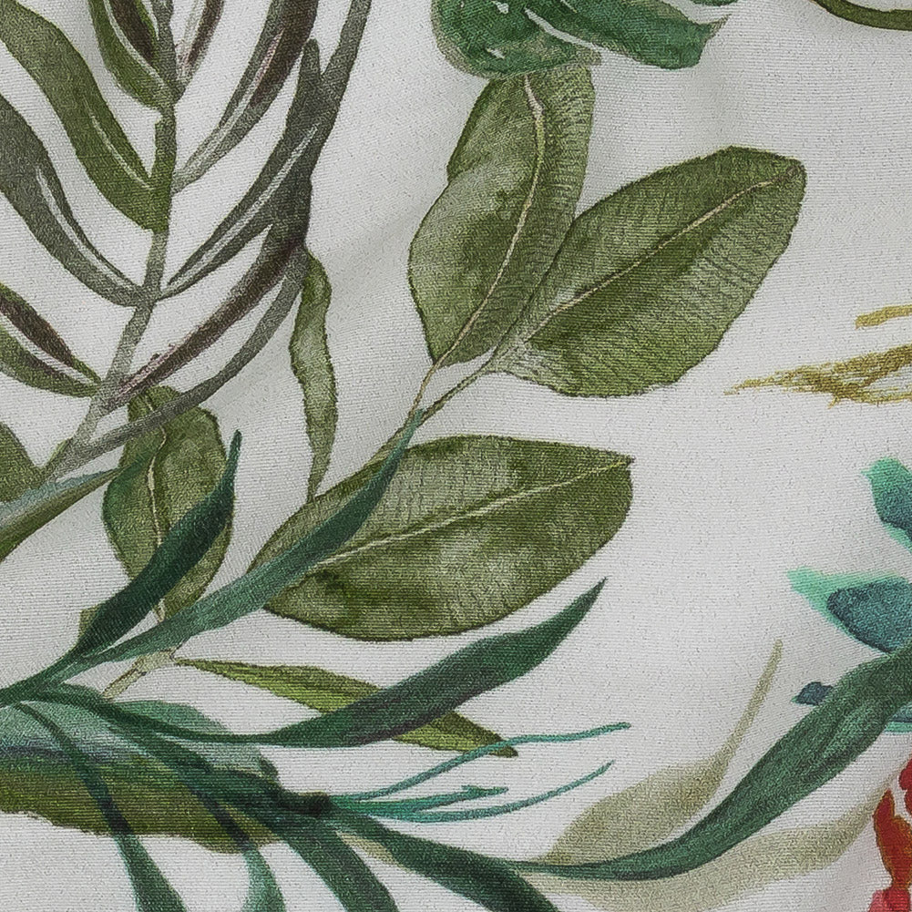 Sustainable Viscose Woven Print - White, Green and Red Troplical Leaves and Flowers - Mood Exclusive Subtropic Vegetation - Joann Fabrics