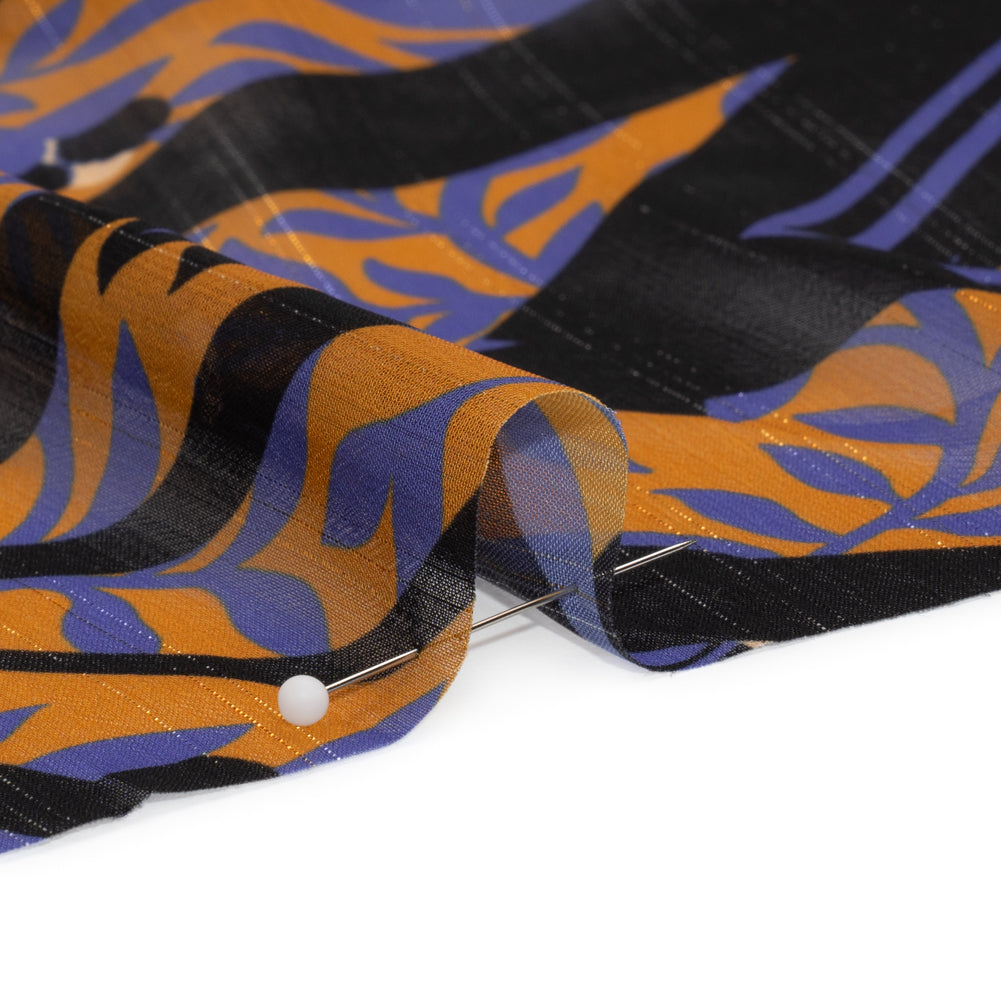 Polyester Chiffon Print with Metallic Pinstripes - Orange, Blue and Black Floral and Geometric - Mood Exclusive Through the Pane - Joann Fabrics