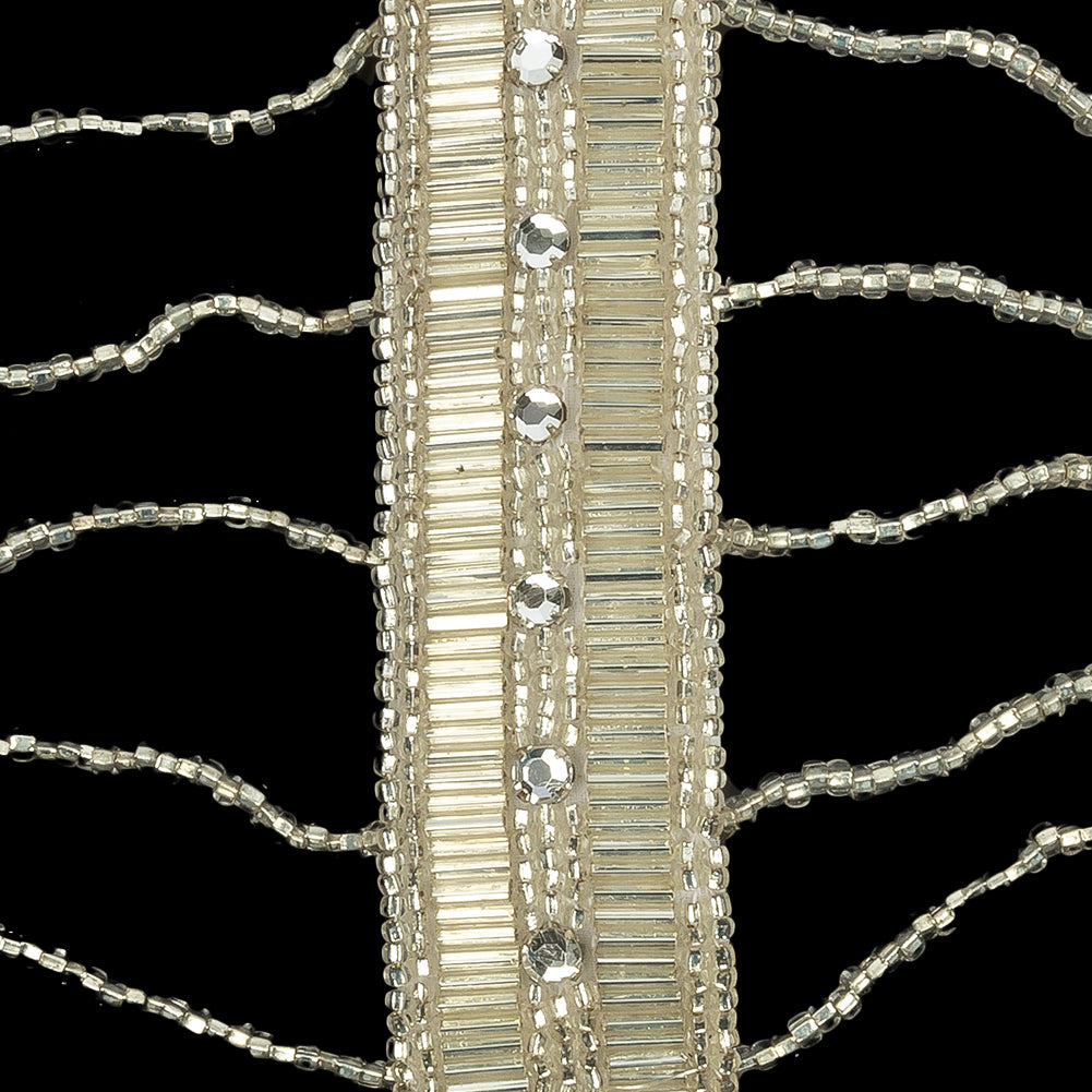 Vintage Silver and Crystal Rhinestone Dotted and Beaded Rectangles and Chains Applique - 4.625